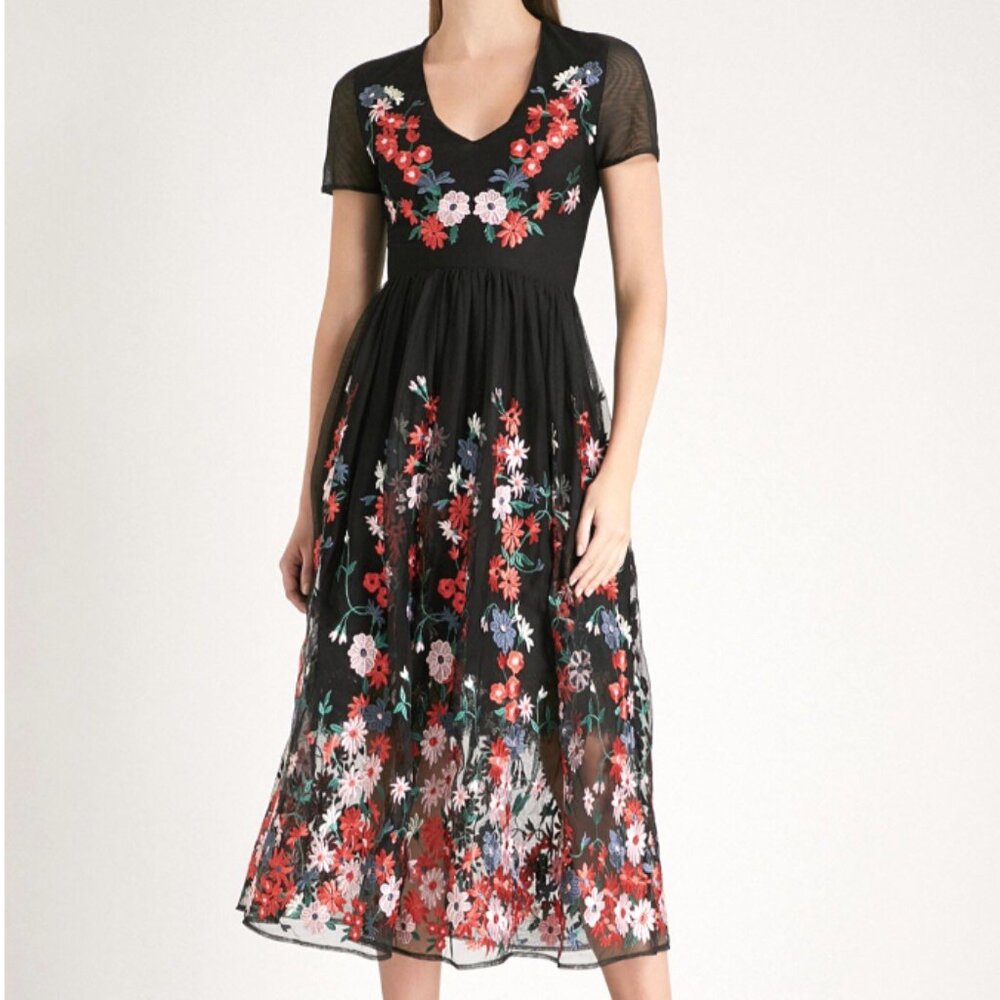 Maje “Raphael” Black Mesh Embroidered Midi Dress – Size 36 (US 4)